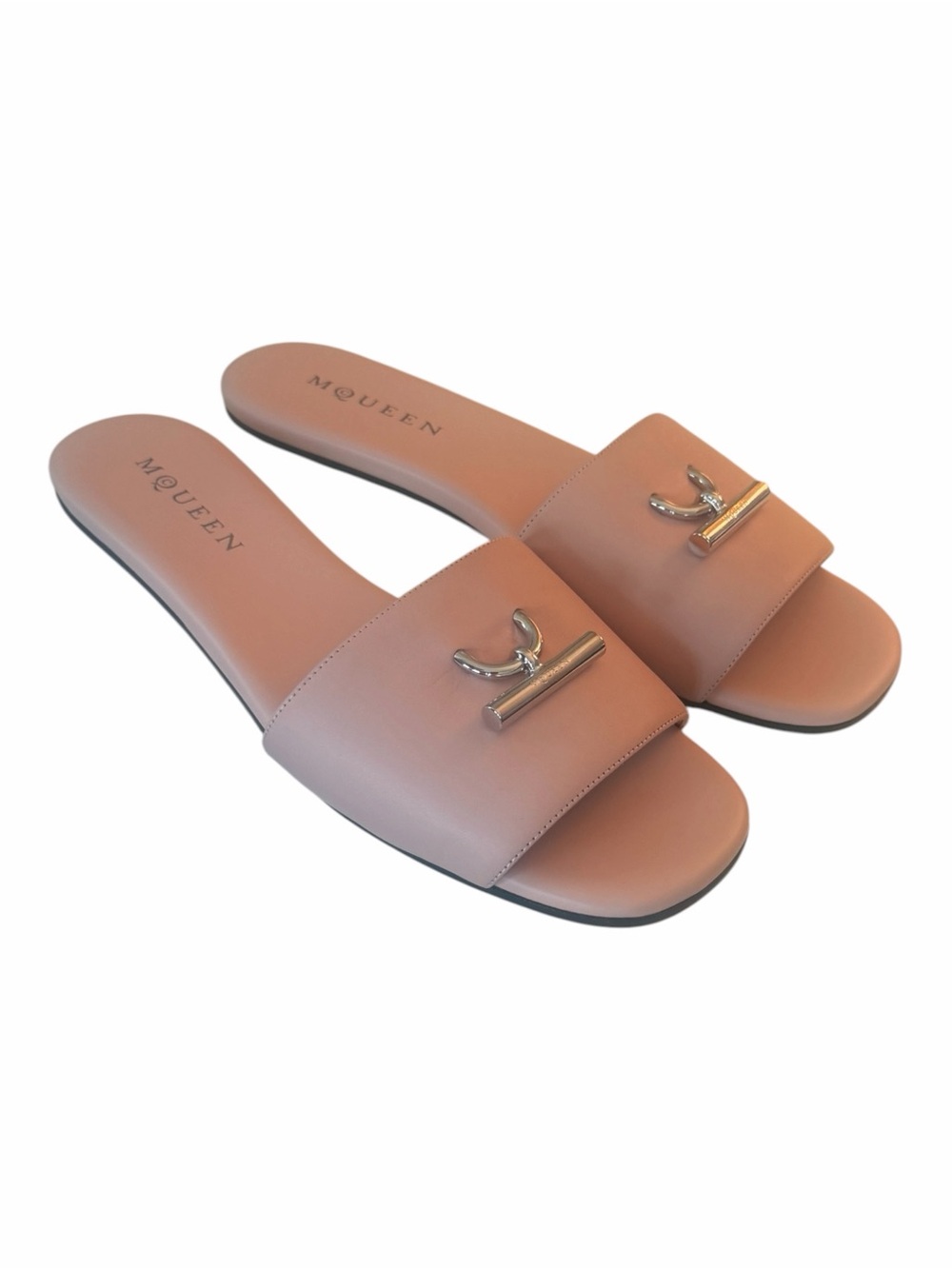 Alexander McQueen Arc T-Bar Leather Slide Sandals Blush Silver EU 41 NIB